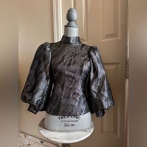 GANNI holiday metallic top puff sleeve with zip back